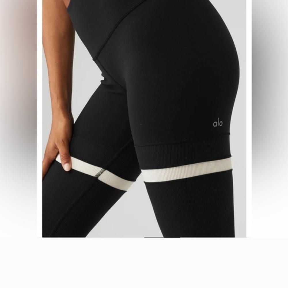 Alo Black Leggings with Tan Stripes